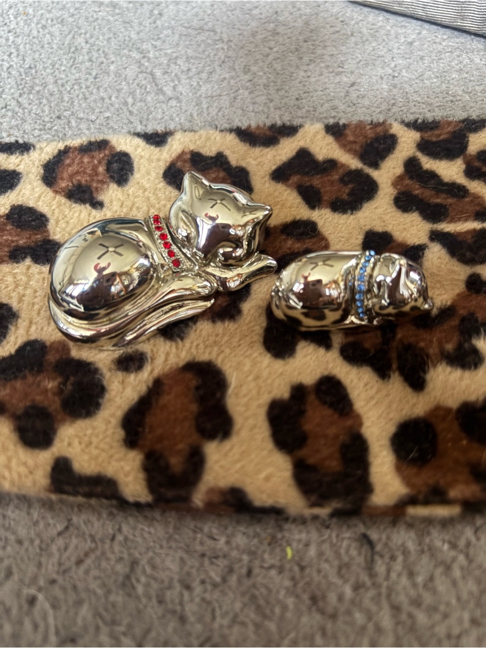 Silver Cat Pin Set with Red and Blue Rhinestone Collars